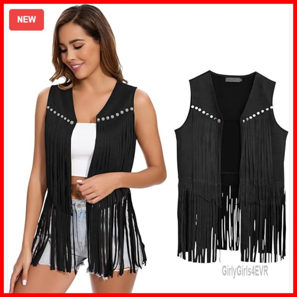 Faux Suede Fringe Vest Sleeveless Tassel Western Hippie Costume
